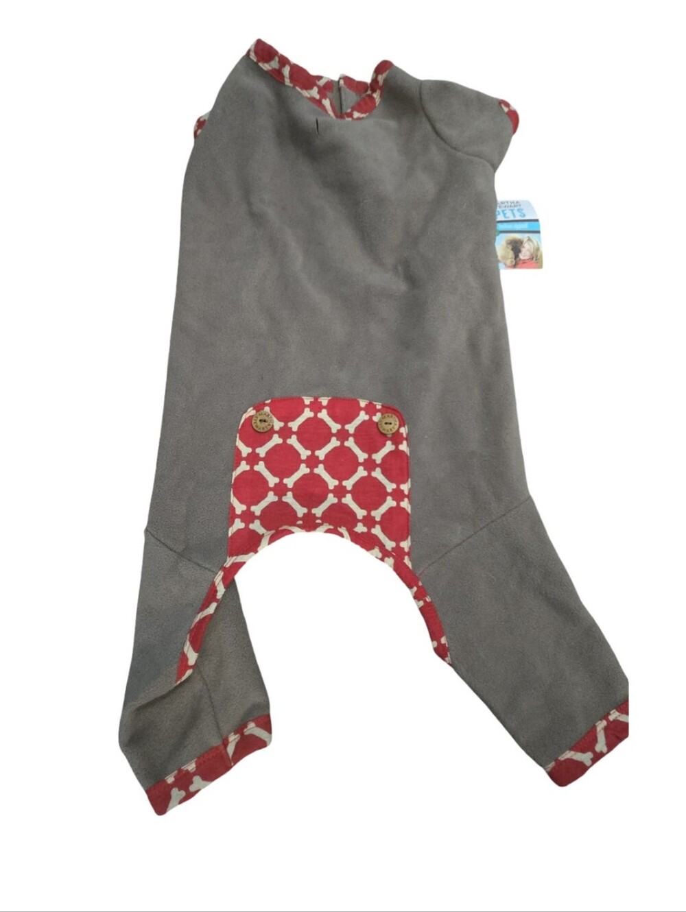 Martha Stewart Gray Brown Dog Onesie with Red Patterned Trim Fleece Cozy Size L